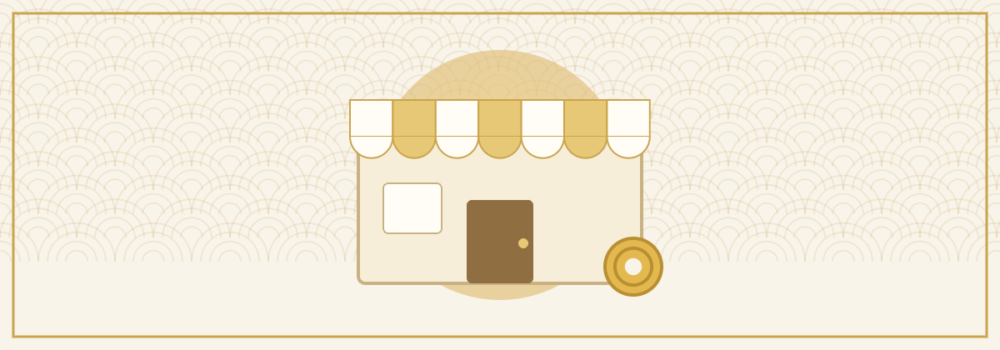 縁起物を売るお店と小判のイラスト