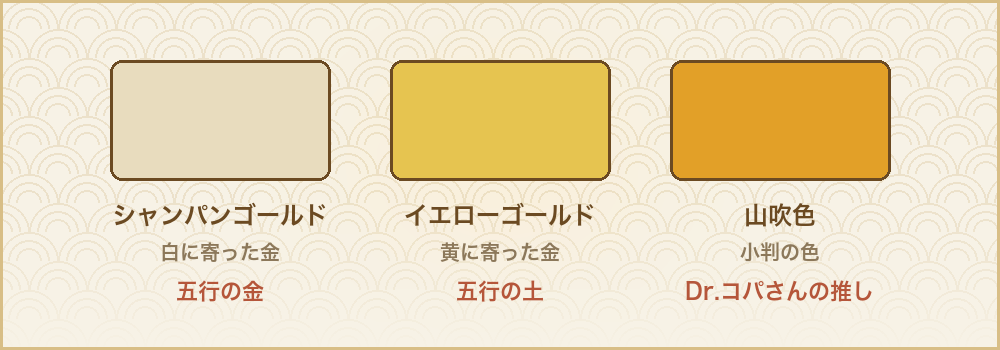 シャンパンゴールド、イエローゴールド、山吹色の3つの色を並べた図